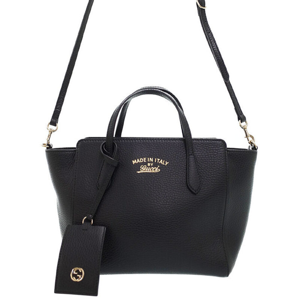 Gucci Swing Top Handle 2way Tote Shoulder Bag pebbled leather Black
